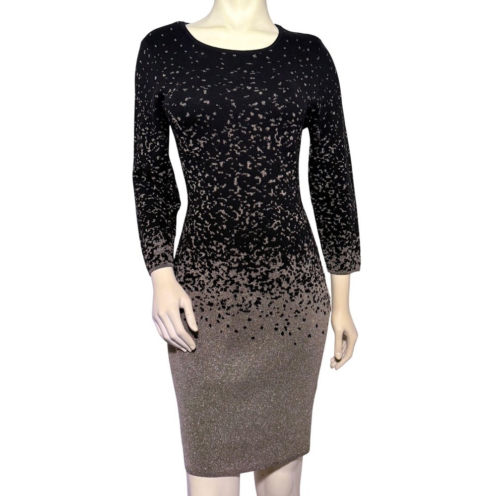 Vince Camuto Sweater Dress Womens M‎ Black Gold Metallic Abstract Knit Excellent